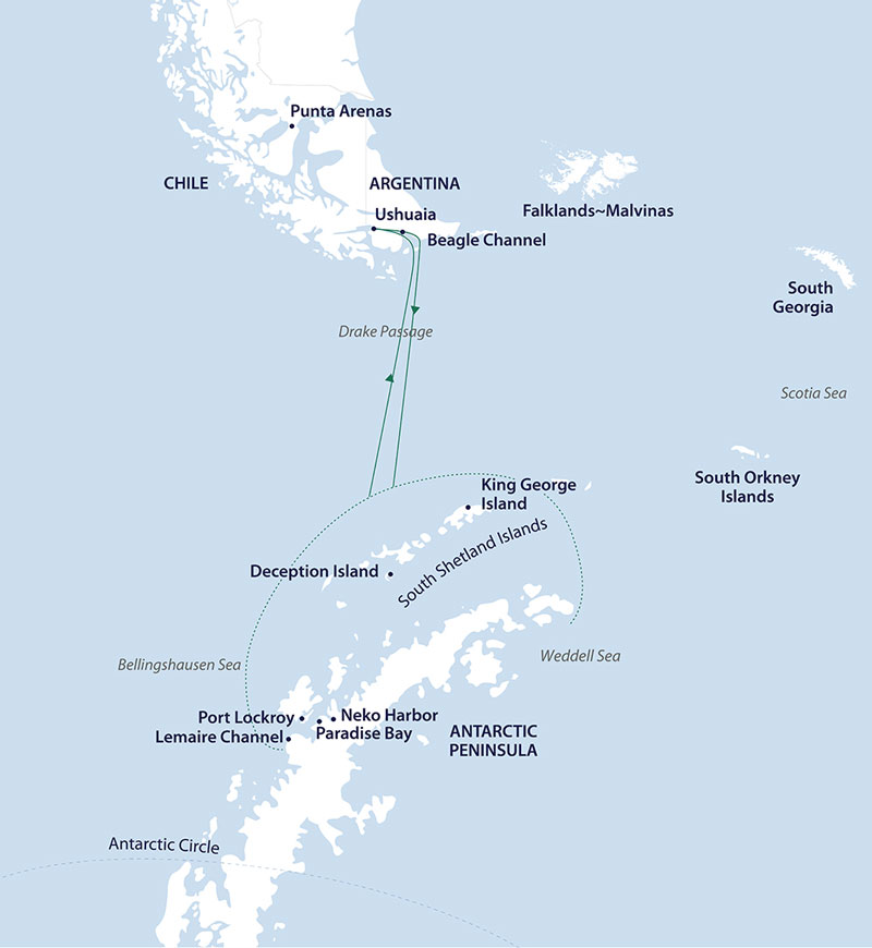 Route map of Antarctica Active cruise, round-trip from Ushuaia, Argentina with visits along the Antarctic Peninsula.