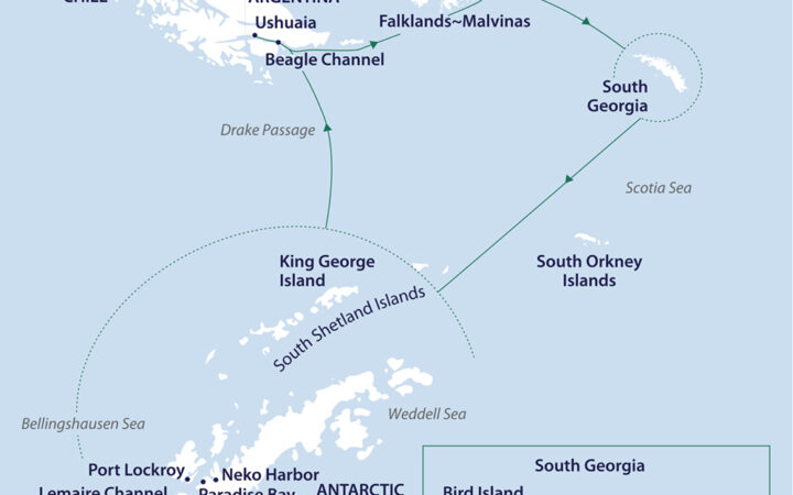 Route map of clockwise Antarctica Complete voyage, operating round-trip from Ushuaia, Argentina, with an attempt to cross the Antarctic Circle.