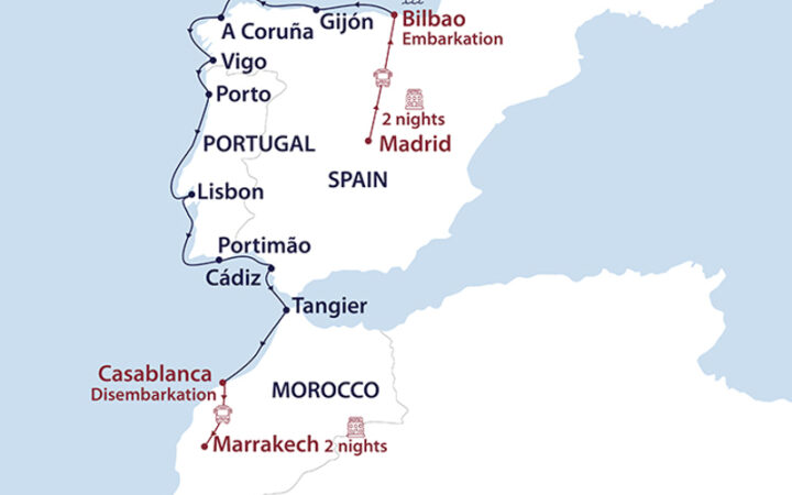 map route of small cruise ship cruising from Spain to Morocco along the Atlantic coast with stops along the way, shown in a white and blue map.