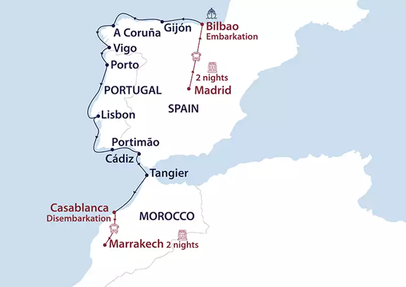 map route of small cruise ship cruising from Spain to Morocco along the Atlantic coast with stops along the way, shown in a white and blue map.
