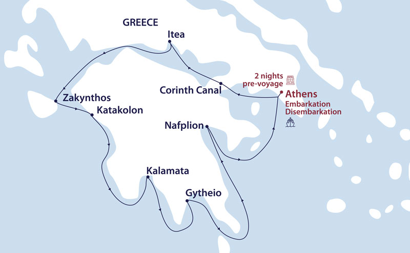 Route map of Classic Greece: To Antiquity & Beyond cruise round-trip from Athens with a circumnavigation of the Peloponnese peninsula.
