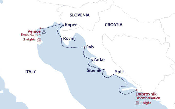 Route map of Eight Million & One Dalmatians Cruise from Venice to Dubrovnik with hotel overnights to start & end.