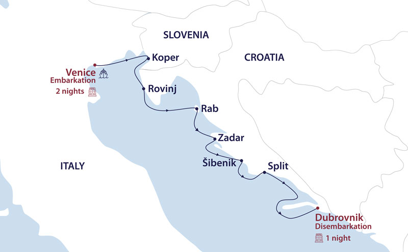 Route map of Eight Million & One Dalmatians Cruise from Venice to Dubrovnik with hotel overnights to start & end.