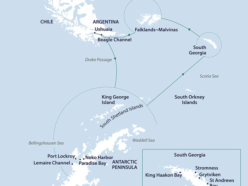 Route map of 22-day Falklands, South Georgia & Antarctic Peninsula cruise, round-trip from Ushuaia, Argentina.