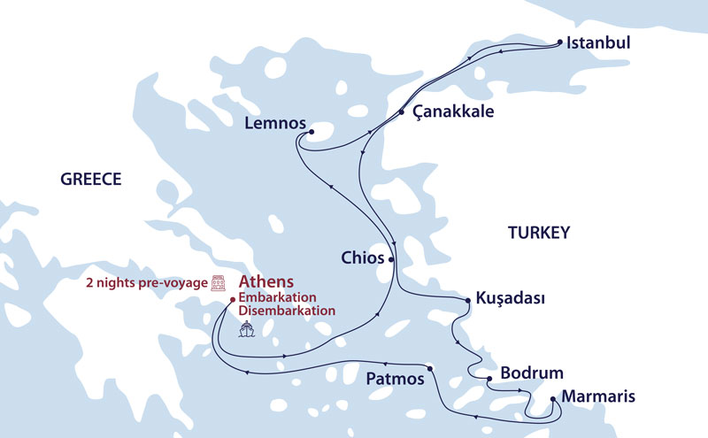 Route map of Greece & Turkey: Turkish Delight cruise, round-trip from Athens with visits to North Aegean & Dodecanese islands, plus Turkey.