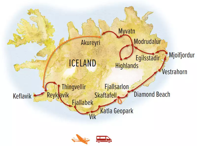 Route map of 2025 Ultimate Iceland Photo Expedition land tour, round-trip from Reykjavik with a circumnavigation of Iceland.