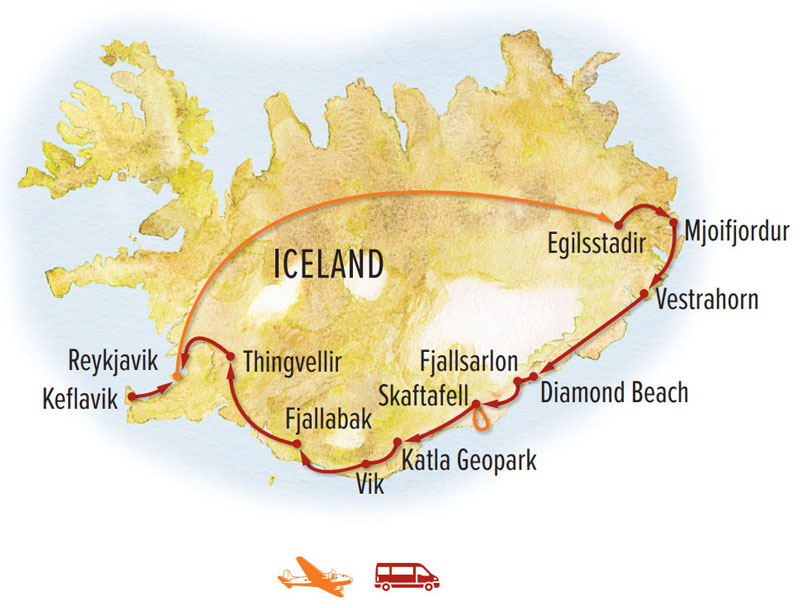 Route map of 2026 Ultimate Iceland Photo Expedition land tour, round-trip from Reykjavik with a circumnavigation of Iceland.