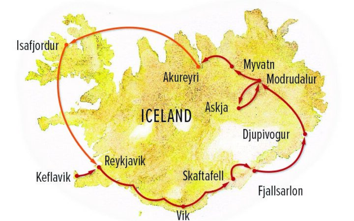 Route map of Iceland Adventure: Circling the Land of Fire & Ice trip, operating round-trip from Reykjavik, with visits to Isafjordur, Akureyri, Myvatn, Modrudalur, Djupivogur, Fjallsarlon, Skaftafell & Vik.