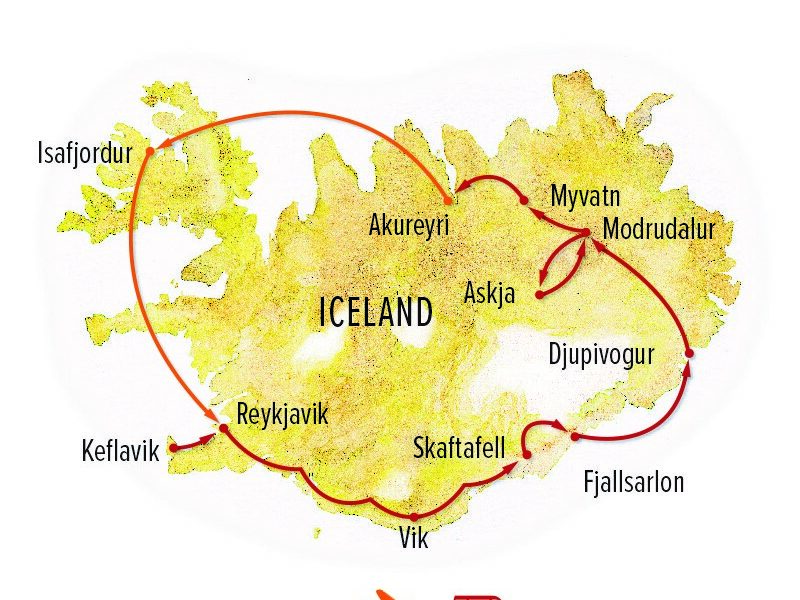 Route map of Iceland Adventure: Circling the Land of Fire & Ice trip, operating round-trip from Reykjavik, with visits to Isafjordur, Akureyri, Myvatn, Modrudalur, Djupivogur, Fjallsarlon, Skaftafell & Vik.