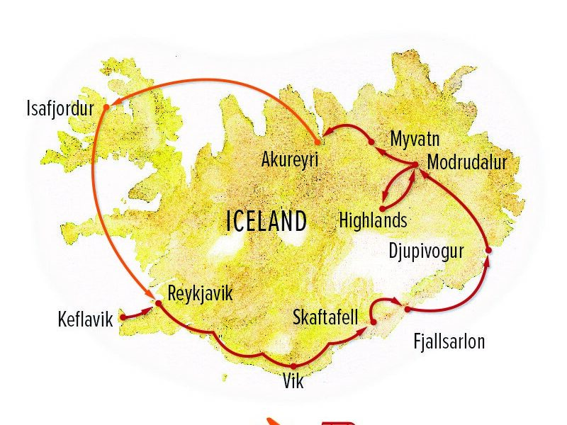 Route map of Iceland Adventure: Circling the Land of Fire & Ice trip, operating round-trip from Reykjavik, with visits to Isafjordur, Akureyri, Myvatn, Modrudalur, Djupivogur, Fjallsarlon, Skaftafell & Vik.