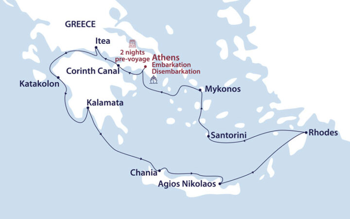 Route map of the It's All Greek to Me small ship cruise, round-trip from Athens with visits to the Cyclades & Dodecanese islands, plus Crete & the Peloponnese peninsula.