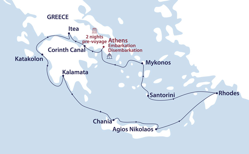 Route map of the It's All Greek to Me small ship cruise, round-trip from Athens with visits to the Cyclades & Dodecanese islands, plus Crete & the Peloponnese peninsula.