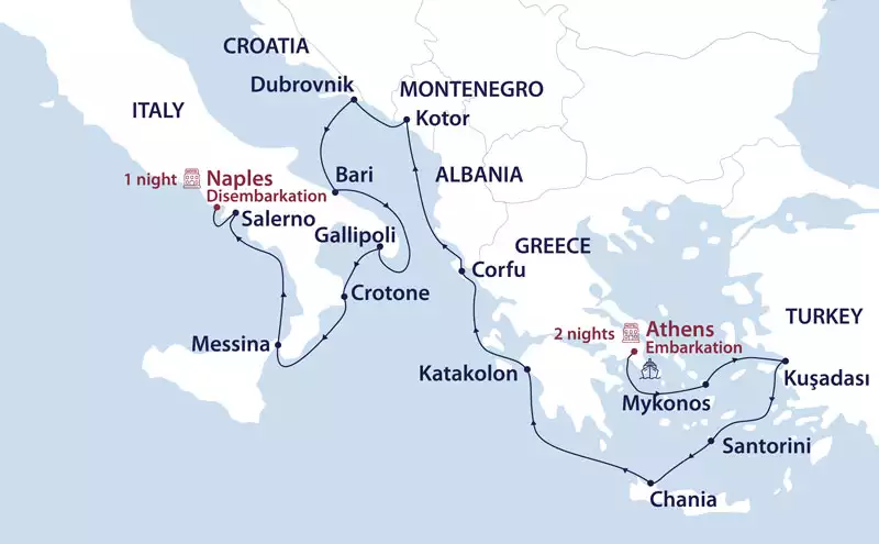 Route map of Myths of the Mediterranean: Athens to Naples cruise with visits along Greece, Turkey, Montenegro, Croatia & Italy.