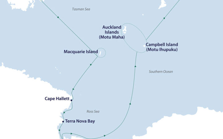 Route map of Ross Sea Odyssey cruise, from Hobart, Tasmania to Dunedin, New Zealand with visits to the Subantarctic Islands & West Antarctica.