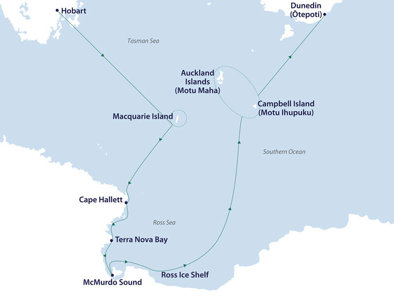 Route map of Ross Sea Odyssey cruise, from Hobart, Tasmania to Dunedin, New Zealand with visits to the Subantarctic Islands & West Antarctica.