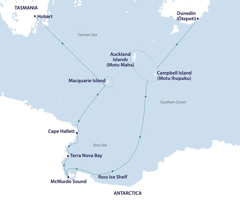 Route map of Ross Sea Odyssey cruise, from Hobart, Tasmania to Dunedin, New Zealand with visits to the Subantarctic Islands & West Antarctica.