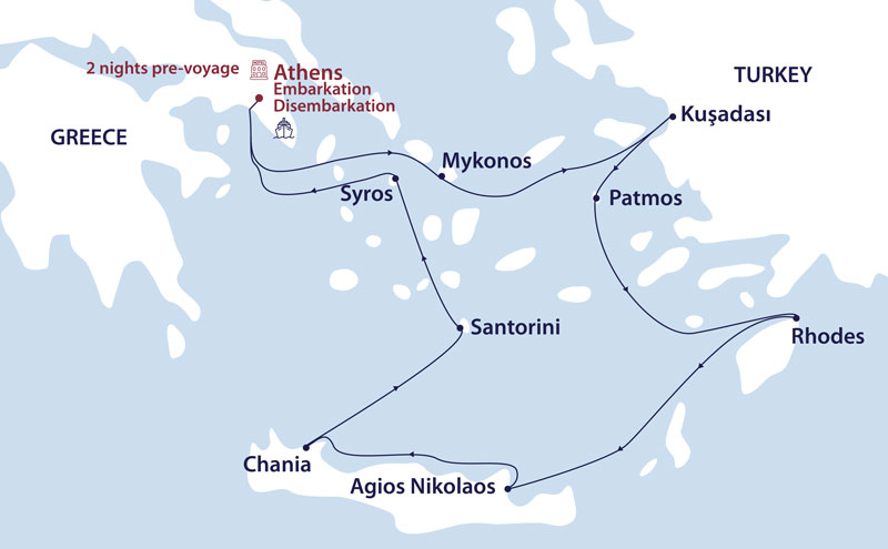 Route map of Sailing the Greek Islands small ship cruise, round-trip from Athens with visits to the Cyclades & Dodecanese islands, Crete & Turkey.