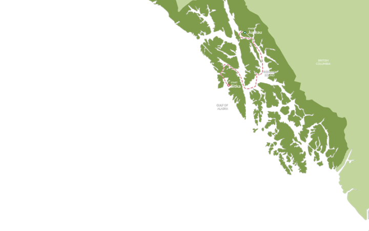 Route map of Snow Goose Alaska charter cruise from Juneau to Sitka, around the eastern side of Admiralty Island.
