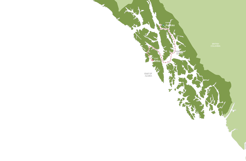 Route map of Snow Goose Alaska charter cruise from Juneau to Sitka, around the eastern side of Admiralty Island.