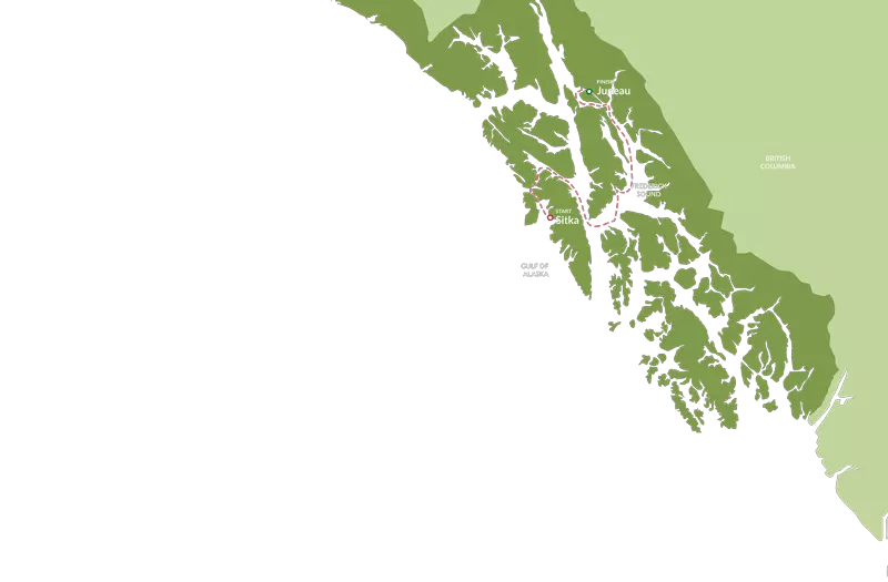 Route map of Snow Goose Alaska charter cruise from Juneau to Sitka, around the eastern side of Admiralty Island.