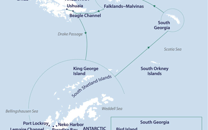 Route map of 21-day, alternative, counter-clockwise Falklands, South Georgia & Antarctic Odyssey Cruise.