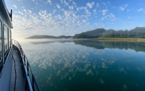 View from side deck of Snow Goose yacht in Alaska as sun rises over the horizon, glassy water & green shoreline.