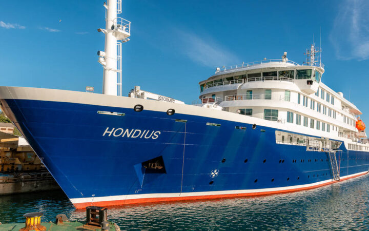 Hondius Expedition ship exterior at port.