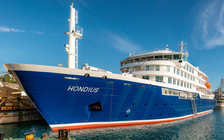 Hondius Expedition ship exterior at port.