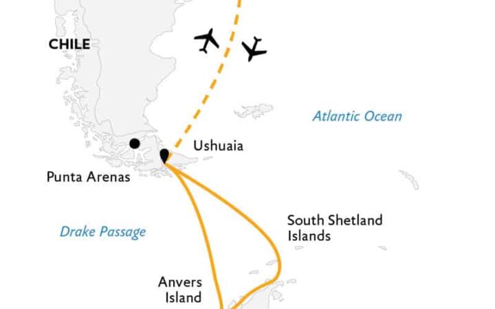 Route map of Crossing the Antarctic Circle Antarctica small ship cruise, operating round-trip from Buenos Aires, Argentina.