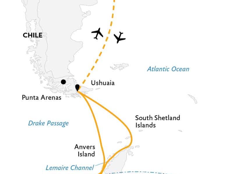 Route map of Crossing the Antarctic Circle Antarctica small ship cruise, operating round-trip from Buenos Aires, Argentina.