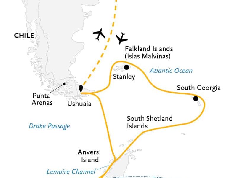 Route map of Epic Antarctica 23-day voyage, operating round-trip from Buenos Aires, Argentina, with visits to the Falkland Islands, South Georgia, the Peninsula & the Antarctic Circle.