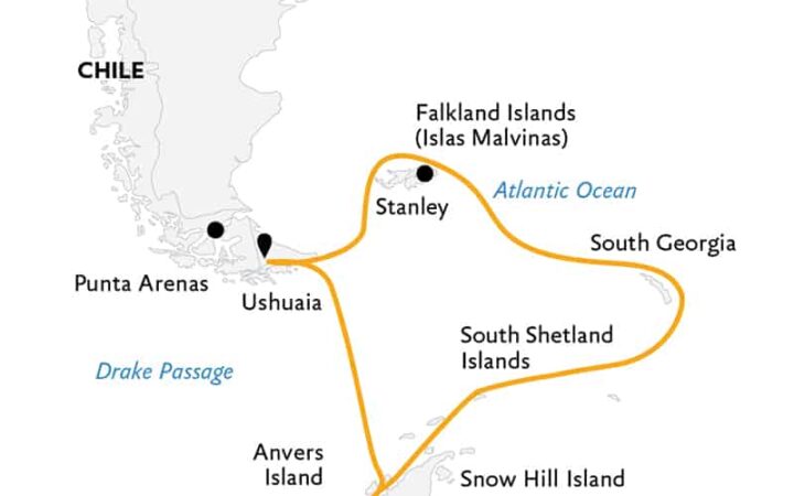 Route map of Epic Antarctica 23-day voyage, operating round-trip from Ushuaia, Argentina, with visits to the Falkland Islands, South Georgia, the Peninsula & the Antarctic Circle.