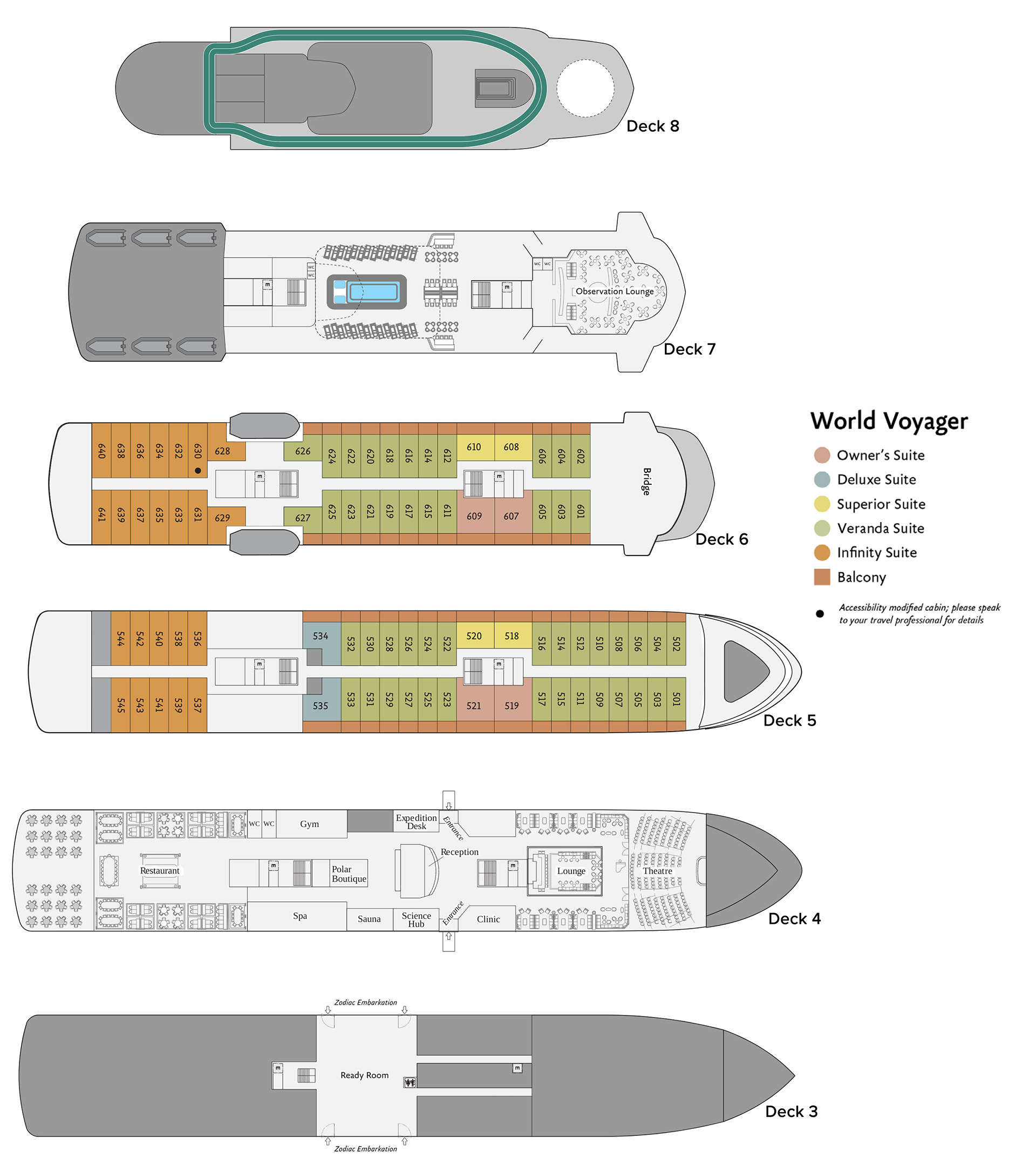 Deck plan of World Voyager cruise ship with 6 passenger decks (8 total) & 2 decks with 5 color-coded cabin categories.