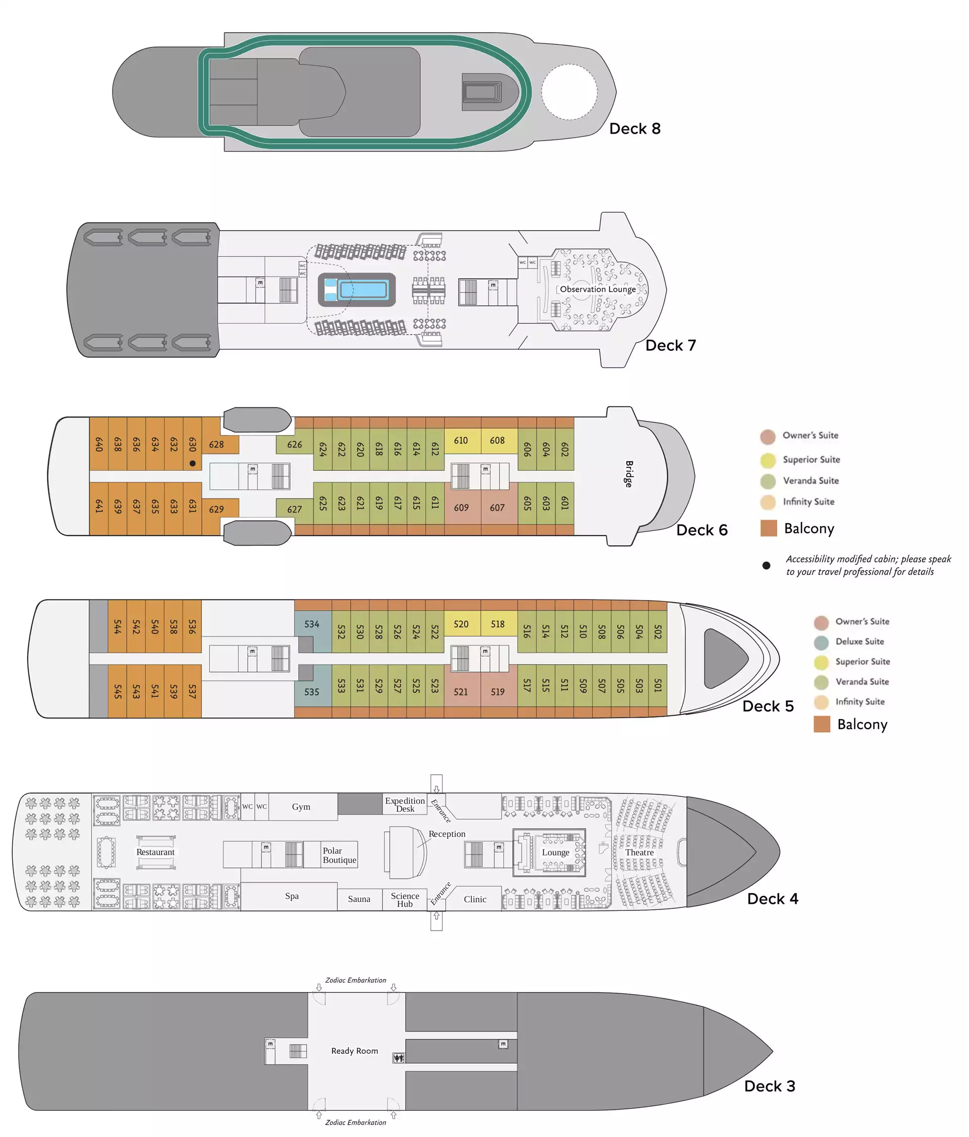 Deck plan of World Voyager cruise ship with 6 passenger decks (8 total) & 2 decks with 5 color-coded cabin categories.