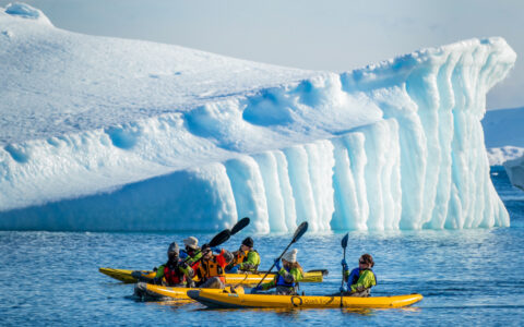 multiple Kayakers exploring the icy landscapes of antarctica on a bright sunny day