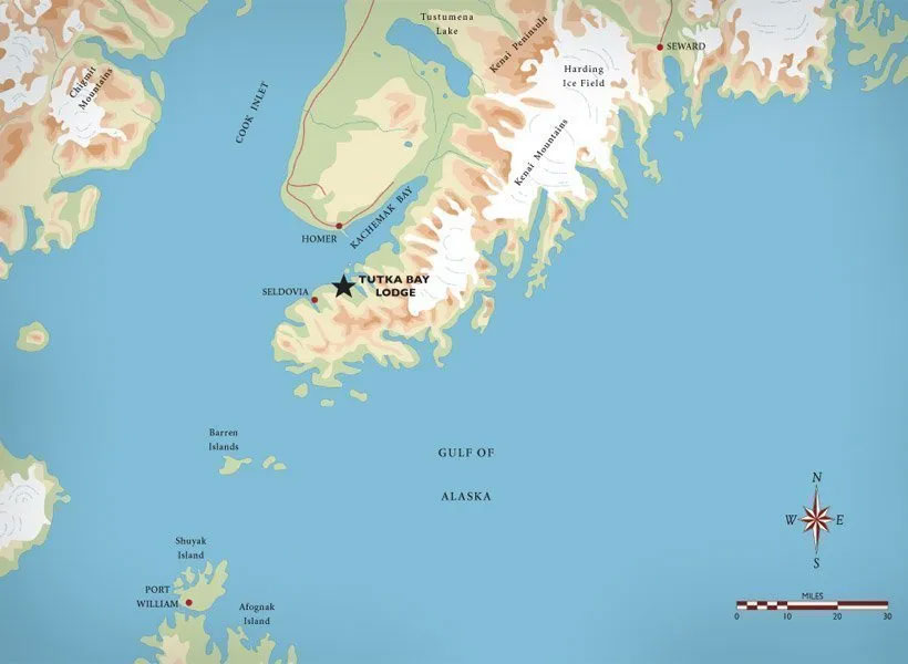 Map showing location of Tutka Bay Lodge on the Kenai Peninsula near Homer, Alaska.