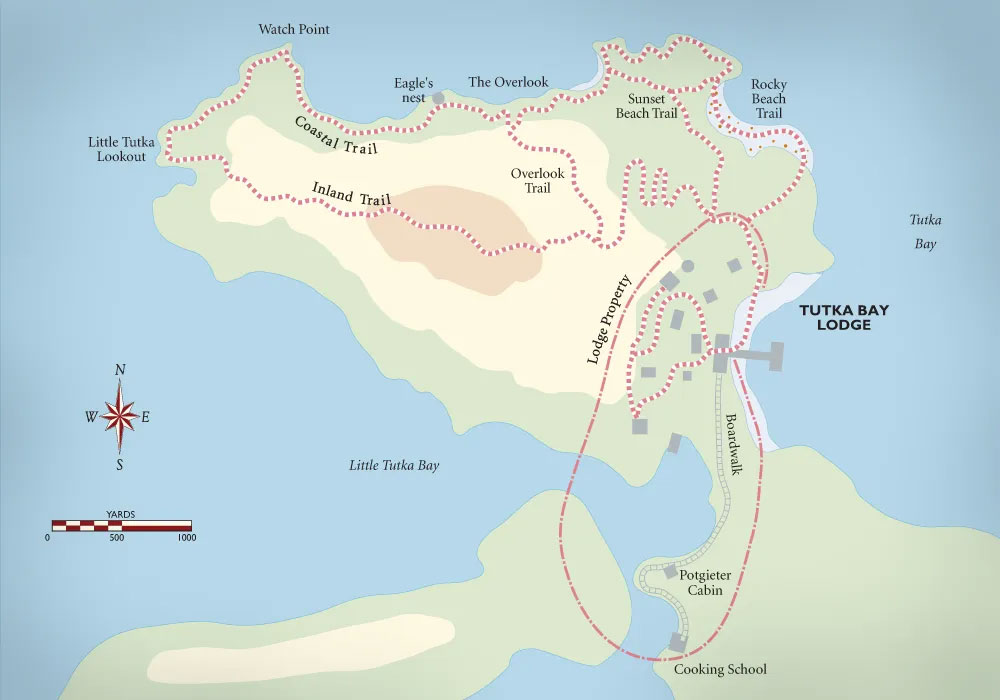 Map showing property line of Tutka Bay Lodge & its surrounding trails & bays near Homer, Alaska.