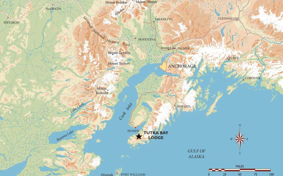Map of Within the Wild luxury Alaska land tour showing the Kenai Peninsula, Anchorage & Tutka Bay Lodge.