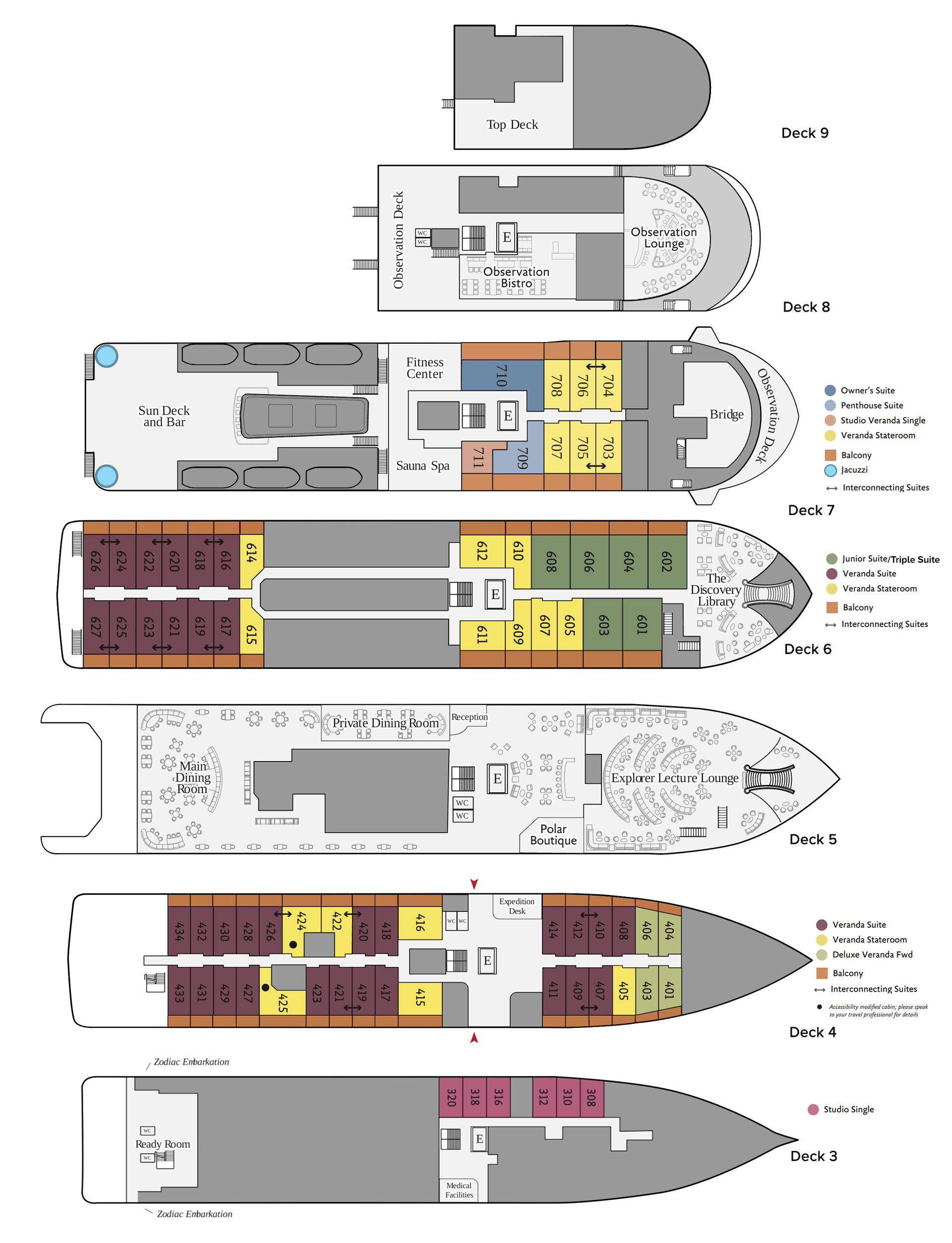 Deck plan of Ocean Explorer with 6 passenger decks, 8 cabin categories, various social areas & capacity for 138 guests.