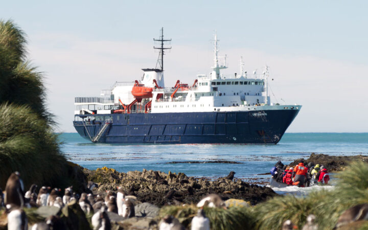 ortelius small ship cruising on a sunny day with penguins and travelers in the foreground