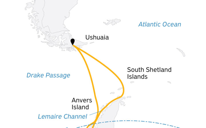 Route map of Crossing the Antarctic Circle Antarctica small ship cruise, operating round-trip from Ushuaia, Argentina.