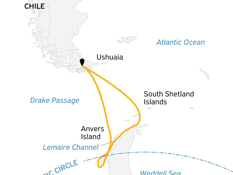 Route map of Crossing the Antarctic Circle Antarctica small ship cruise, operating round-trip from Ushuaia, Argentina.