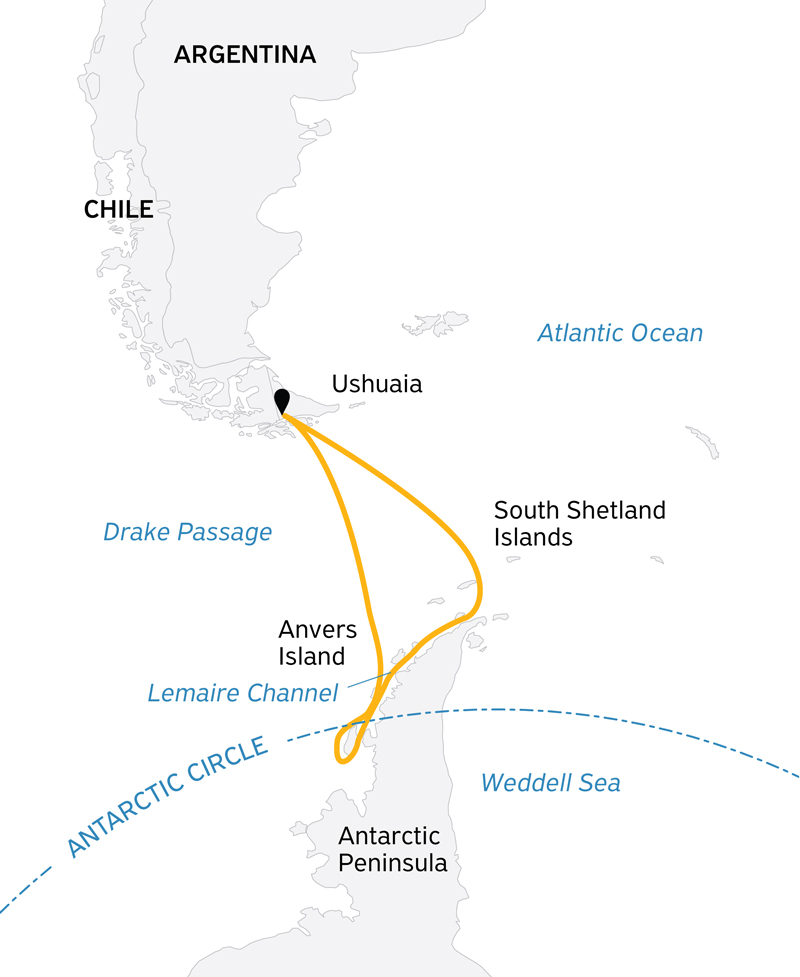Route map of Crossing the Antarctic Circle Antarctica small ship cruise, operating round-trip from Ushuaia, Argentina.