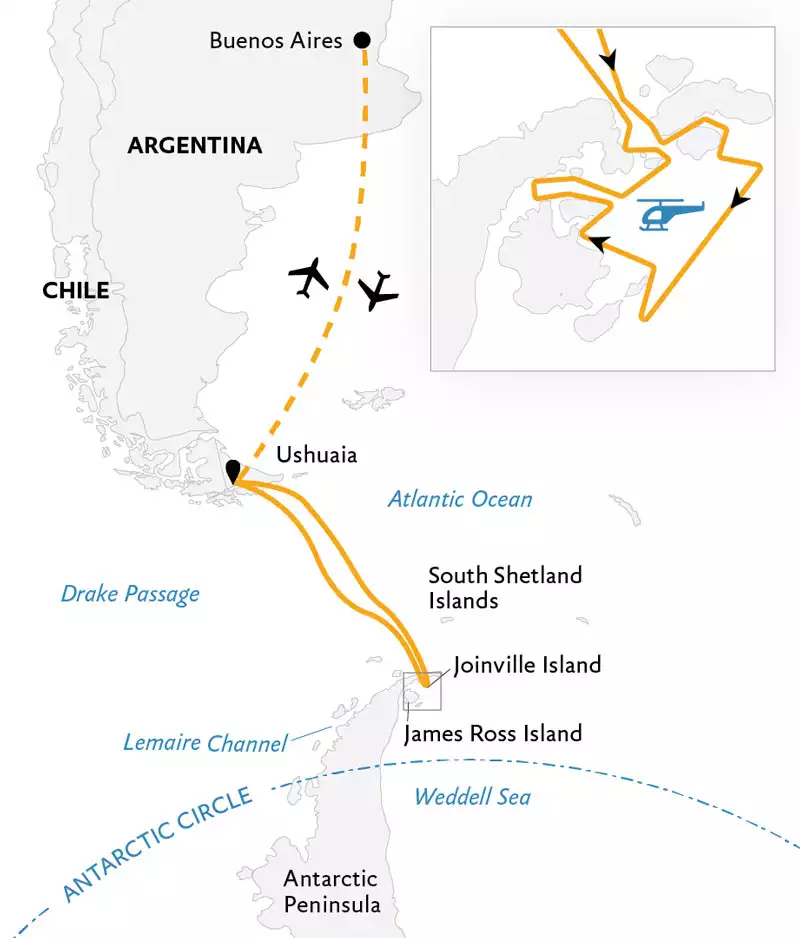 Route map of Antarctica by Helicopter cruise round-trip from Ushuaia, Argentina with visits in the Weddell Sea, bookended by charter flights connecting Buenos Aires.