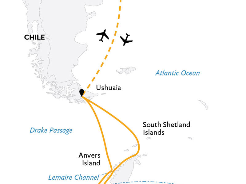 Route map of Antarctica by Helicopter: Crossing the Circle itinerary, round-trip from Ushuaia, Argentina with bookend flights to start & end in Buenos Aires.