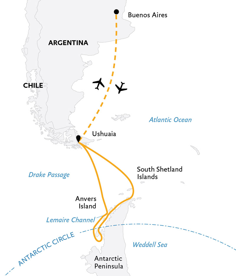 Route map of Antarctica by Helicopter: Crossing the Circle itinerary, round-trip from Ushuaia, Argentina with bookend flights to start & end in Buenos Aires.