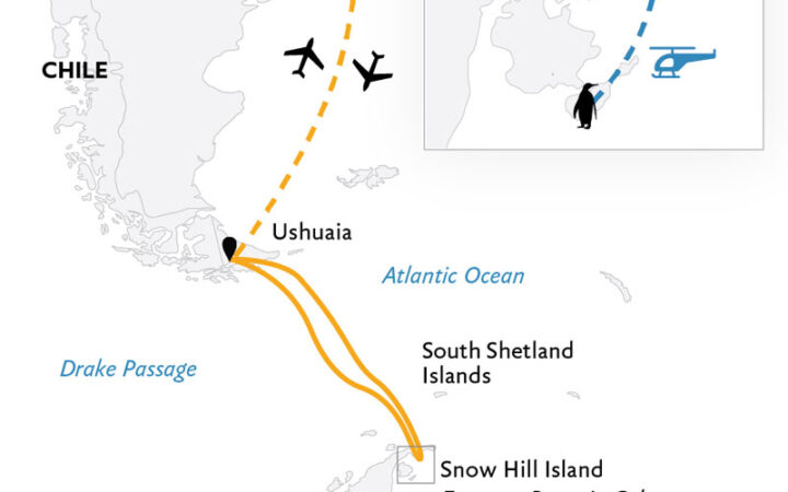 Route map of Emperor Penguin Quest Antarctica voyage sailing round-trip from Ushuaia, Argentina, with a visit to Snow Hill, bookended by round-trip Buenos Aires flights.