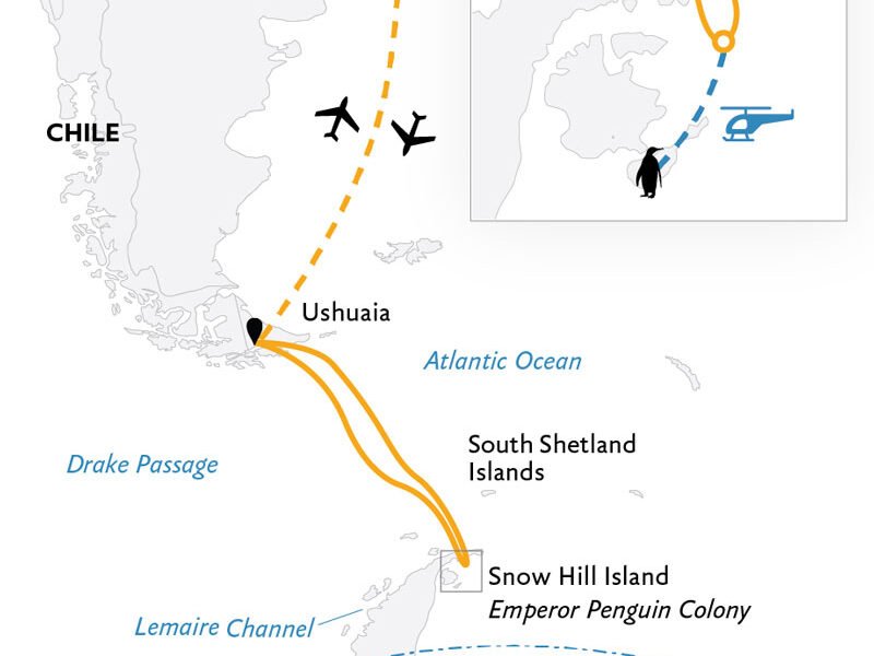 Route map of Emperor Penguin Quest Antarctica voyage sailing round-trip from Ushuaia, Argentina, with a visit to Snow Hill, bookended by round-trip Buenos Aires flights.