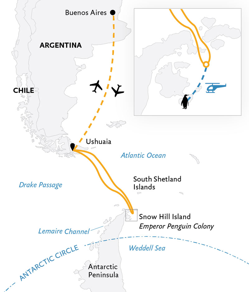 Route map of Emperor Penguin Quest Antarctica voyage sailing round-trip from Ushuaia, Argentina, with a visit to Snow Hill, bookended by round-trip Buenos Aires flights.