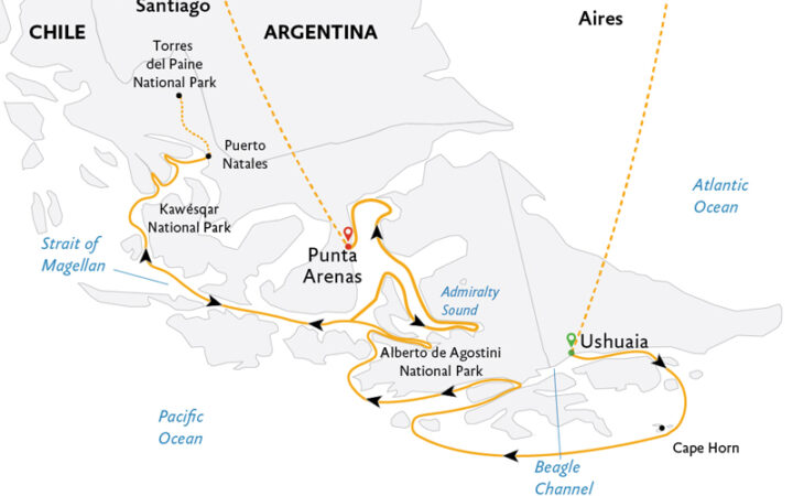 Route map of Essential Patagonia: Chilean Fjords & Torres del Paine Cruise, operating from Buenos Aires to Ushuaia, Argentina for embarkation, disembarking at Punta Arenas, Chile and ending in Santiago, Chile.